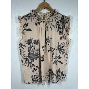 Jon & Anna Shirt Womens Medium Pink Black Floral Ruffle Sleeve Pleated Keyhole